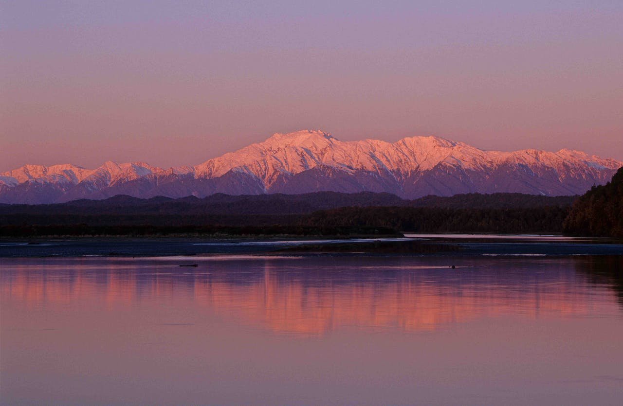 Views of the Alps from Okarito Lagoon. Photo: Steve Baker