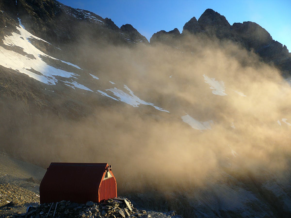 Sunset at Esquilant Bivvy with the West Peak of Mt Earnslaw behind. Photo: Geoff Spearpoint