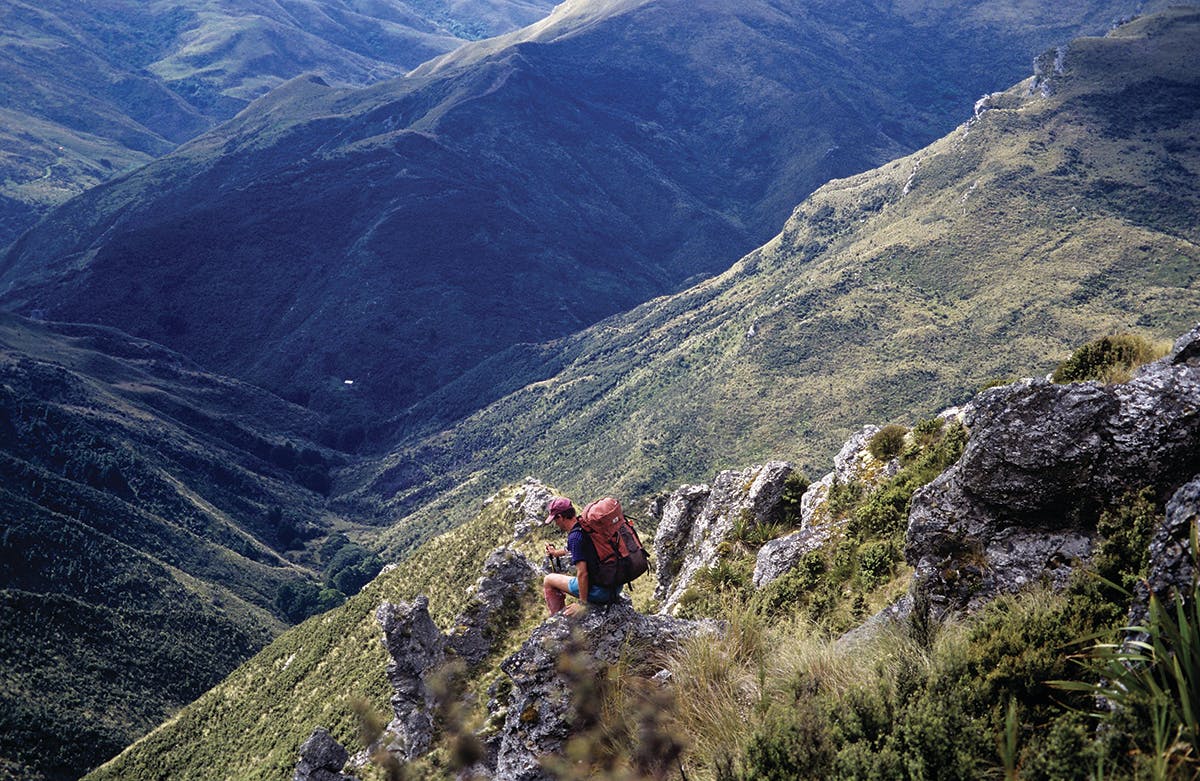 The Devils Staircase is a steep and exciting way to reach Jubilee Hut, visible far below. Photo: Ray Salisbury 
