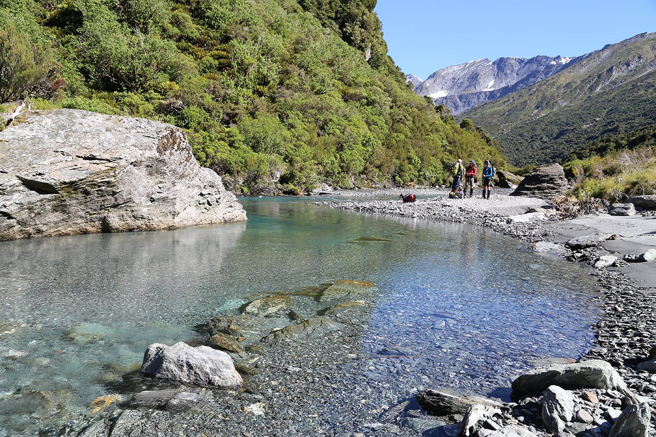 The beautiful waters of Matukituki River East Branch are a highlight of days three and four. Photo: Matthew Pike