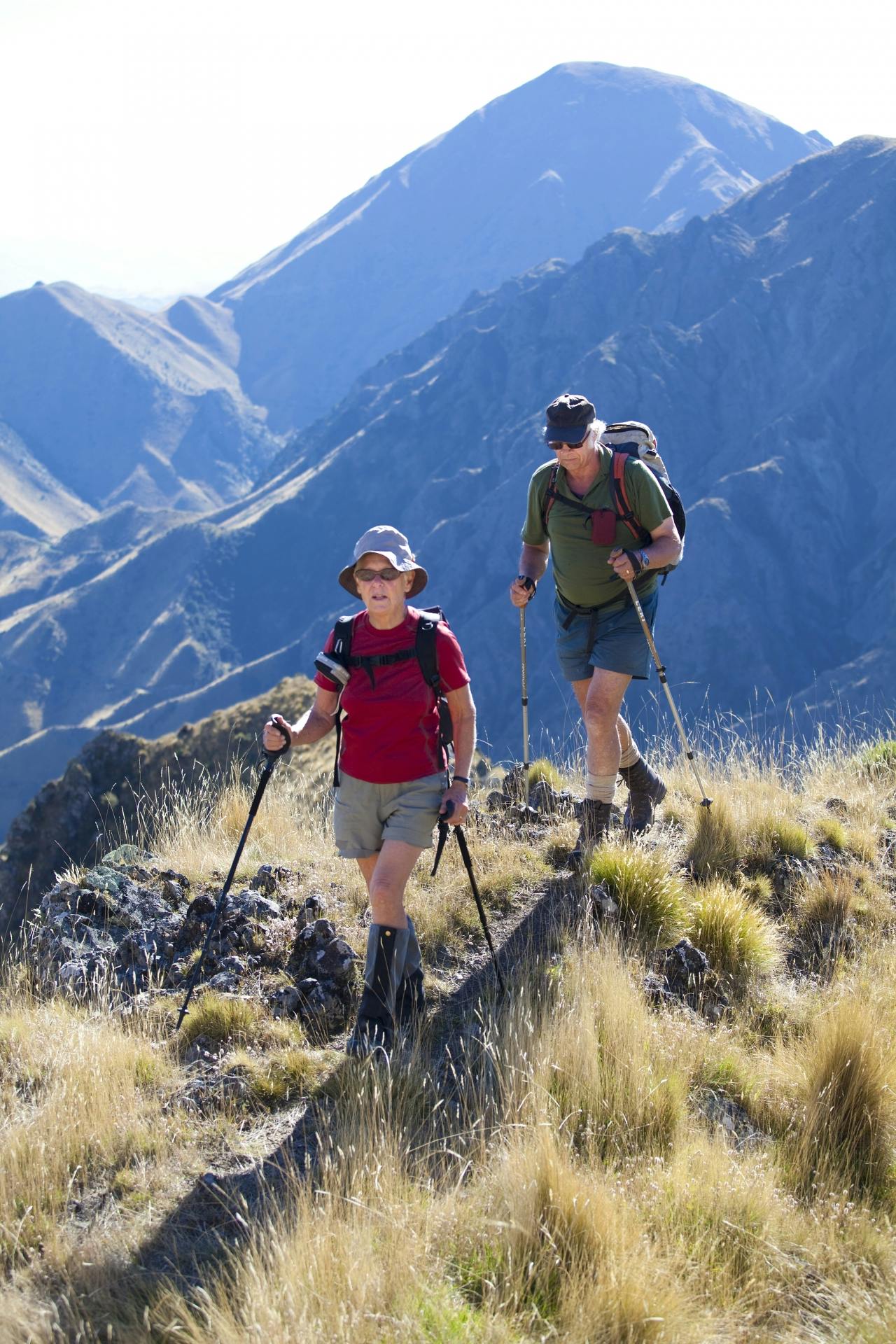 Marie and Bob top out after sweating up a steep tussock spur