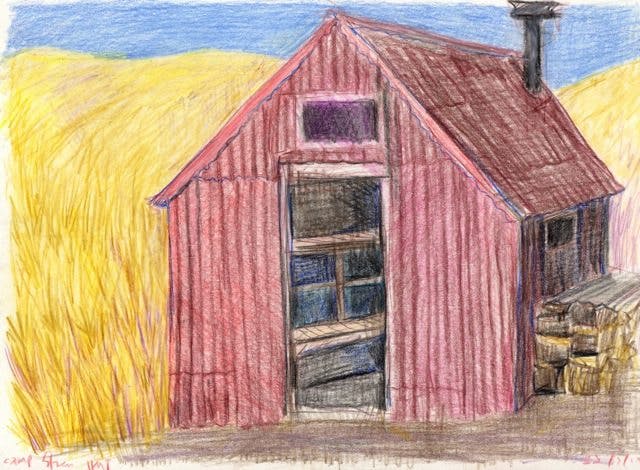 Hannah Joynts illustration of Camp Stream Hut, Te Araroa Trail