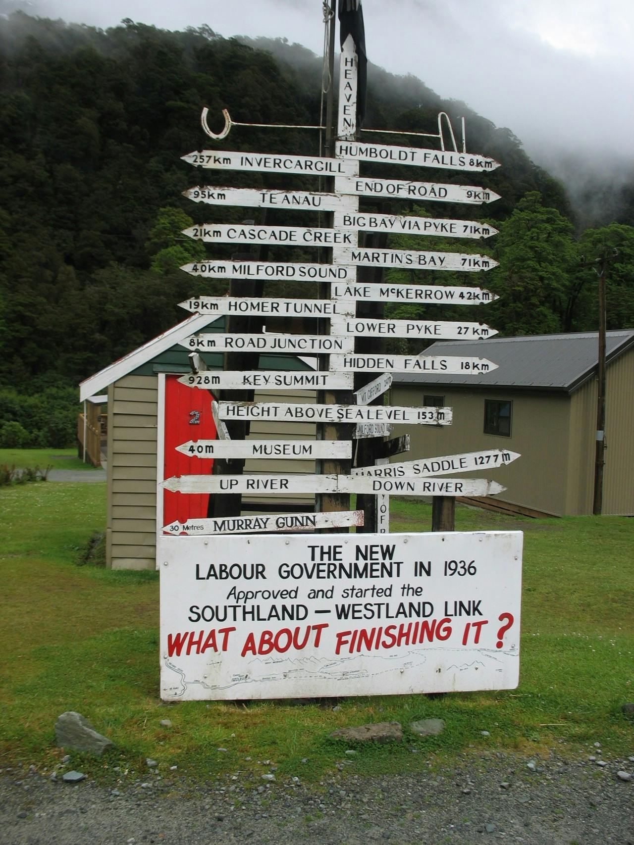 The Gunn's Camp signpost shows the way to Martins Bay and Heaven. PHOTO: Paul Rush