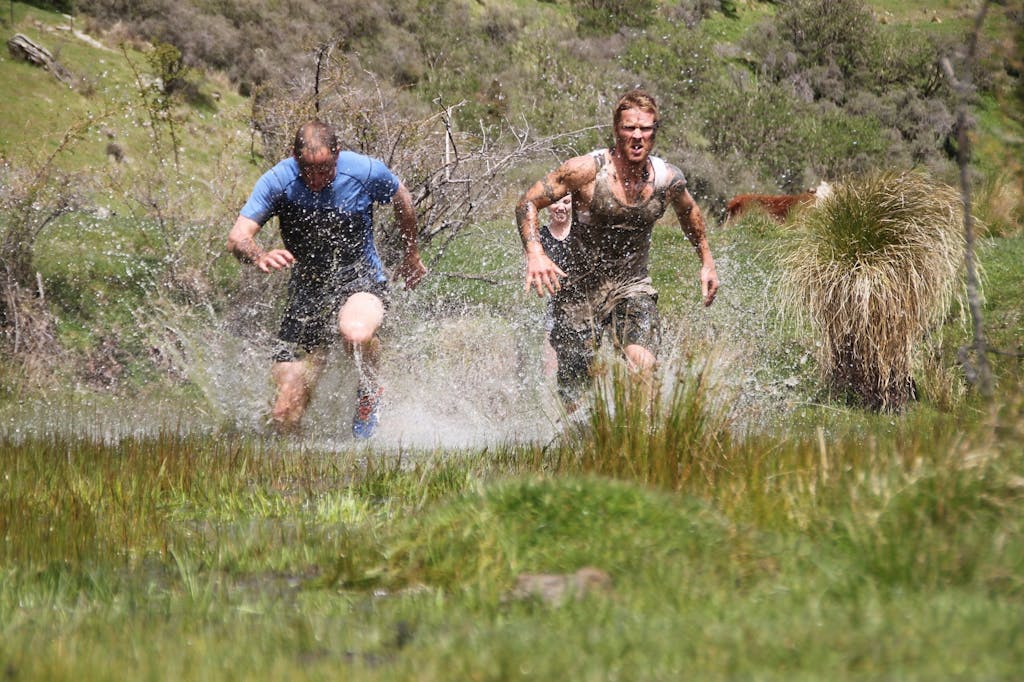 Event Director Dugald Peters (left), Joby Weston and Sue Charlsworth testing the natural obstacles on the Mule course Photo: Dugald Peters