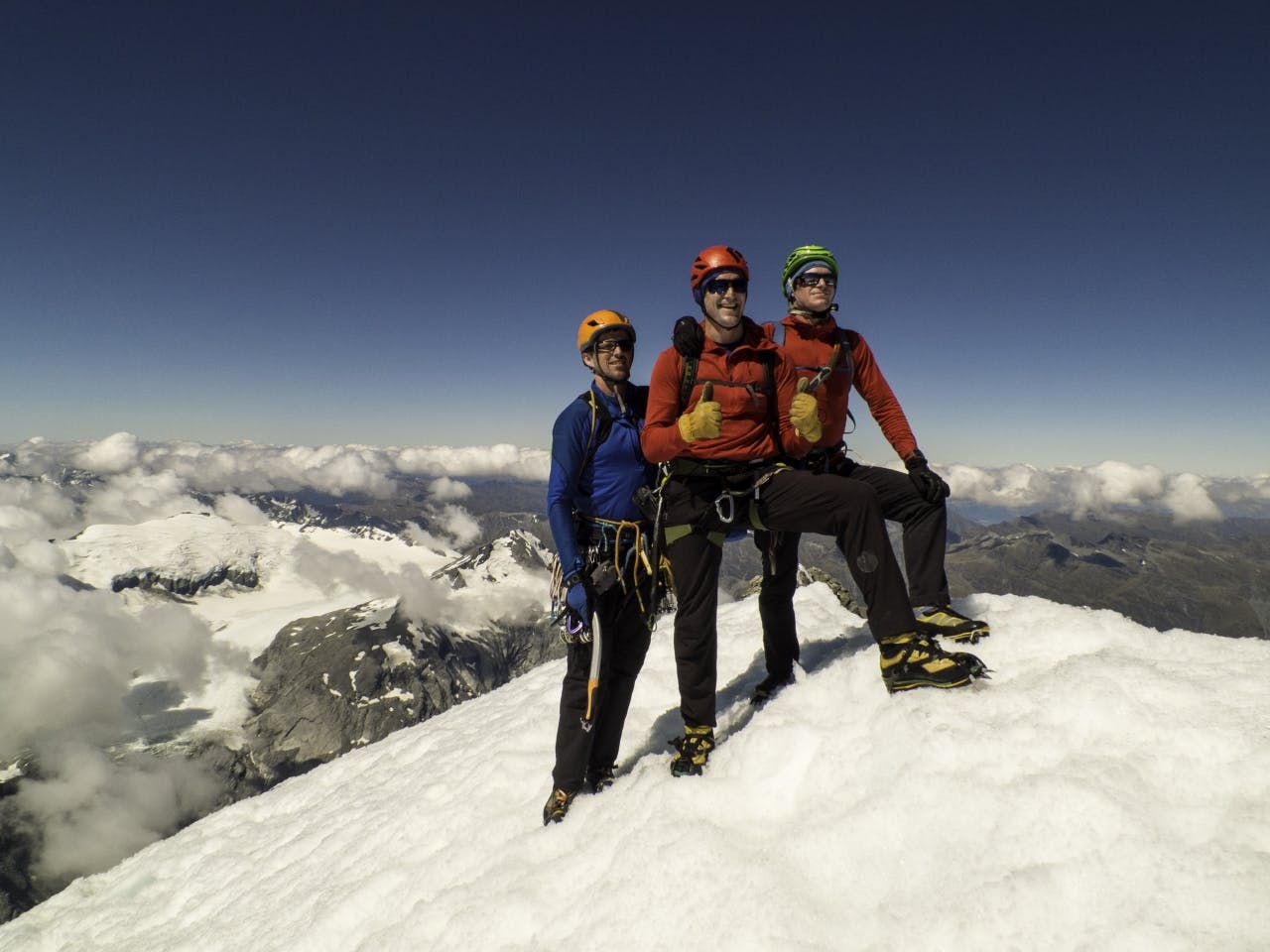 Danny Murphy, Steve Skelton and Ben Dare on the summit of Mt Aspiring. Photo: Pete Harris