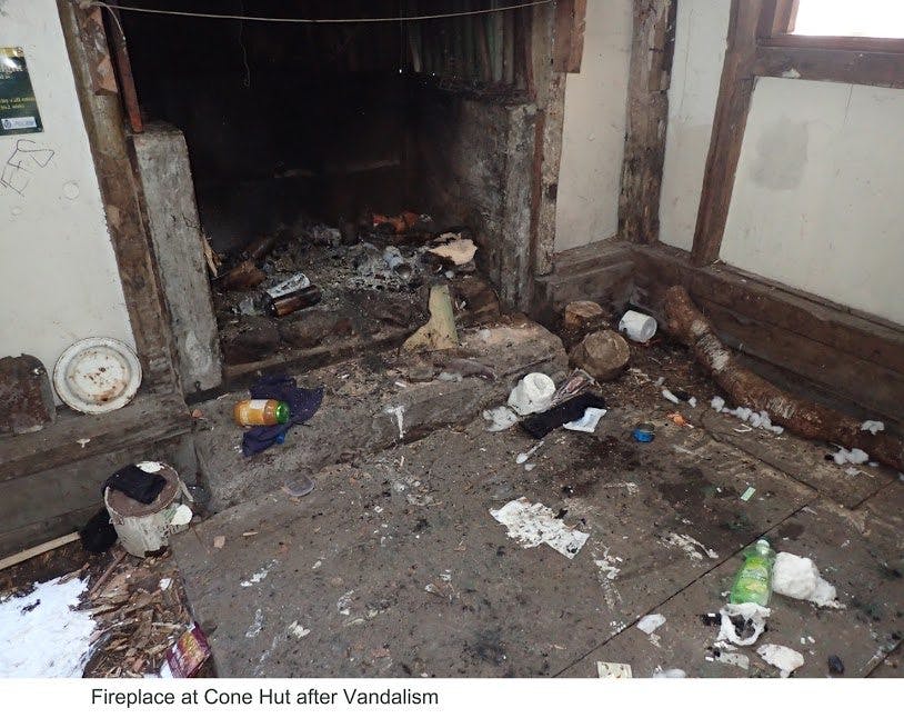 Carnage caused by vandals at Cone Hut. Photo: DOC