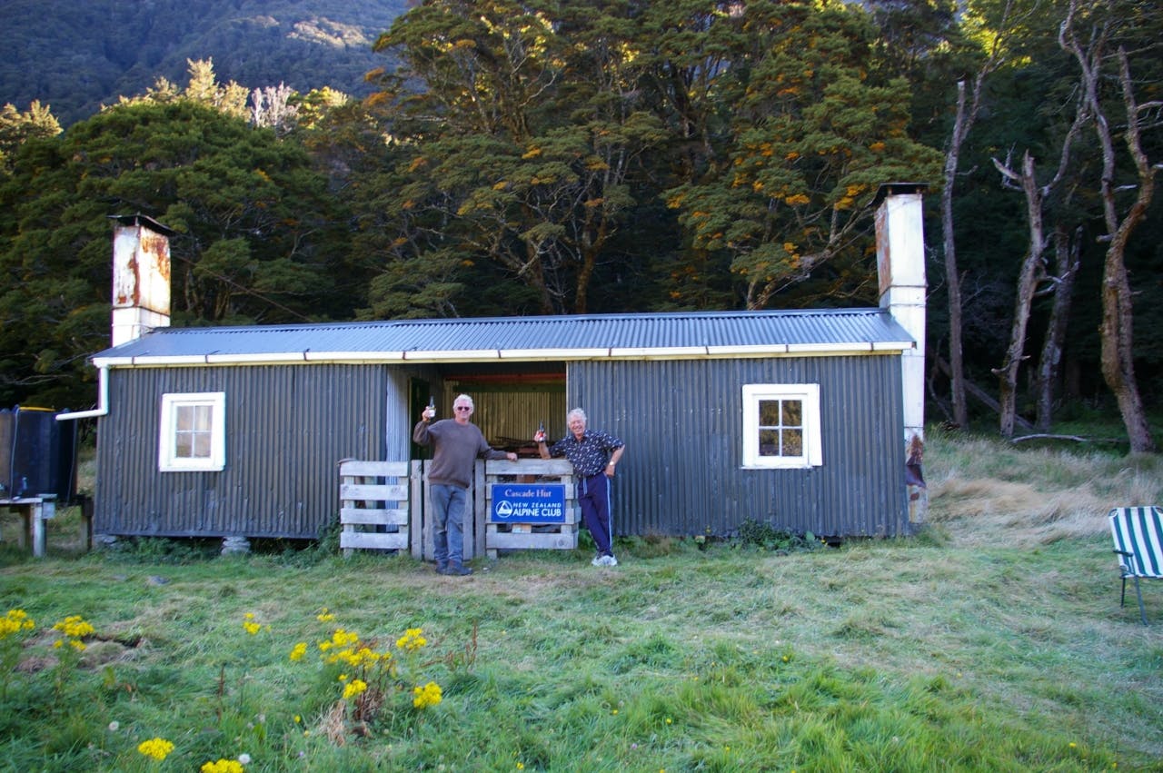 Celerbrating after a job well done at cascade hut, Mt Aspiring National Park