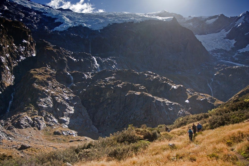 DOC checked for rockfalls in the Rob Roy Glacier region after the quake. Photo: Andrea Schaffer
