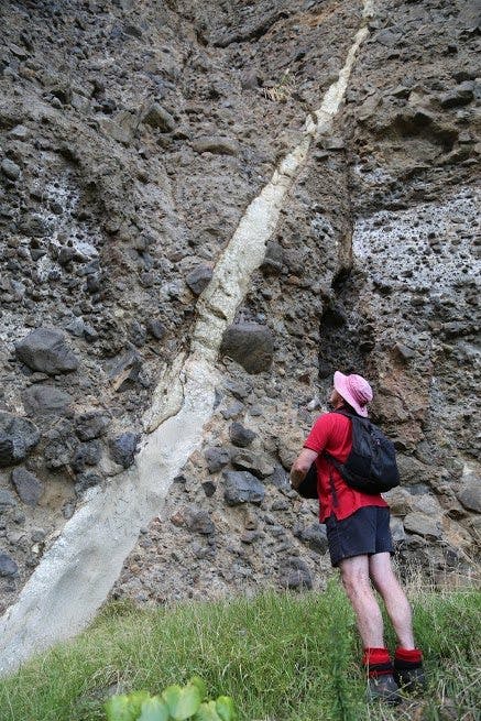 A great example of a pyroclastic dyke-rock that has been blasted into cracks by volcanic force. Photo: Matthew Pike