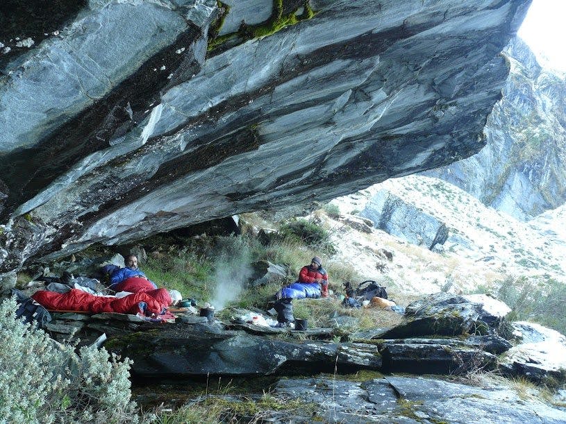 Getting comfortable in the rock bivvy at Mark Flatts. Photo: Geoff Spearpoint