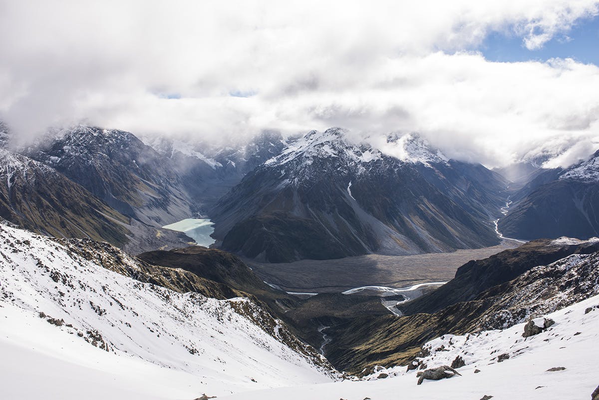 View from Butler Saddle to Rakaia River and Ramsay Glacier lake. Photo: Pat Barrett
