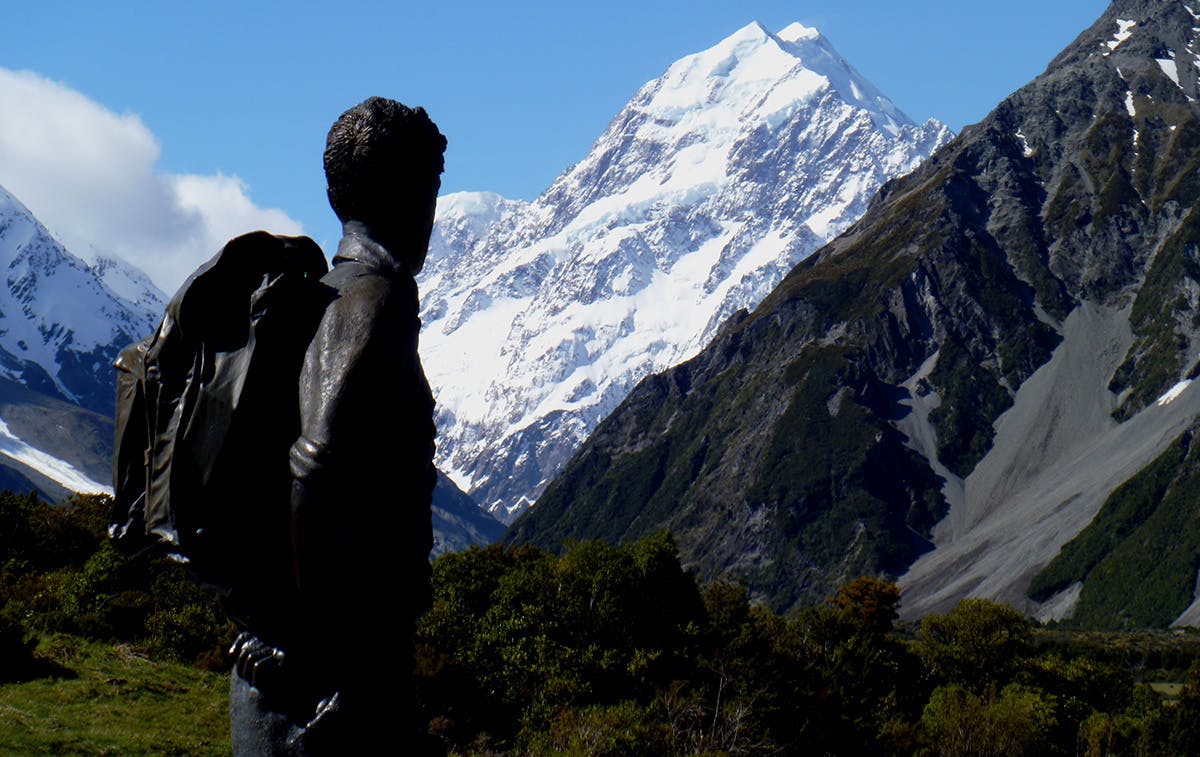 The statue of Ed Hillary at Mt Cook Village gazes towards the ridge on Aoraki named after him in 2011. Photo: Jane Morris
