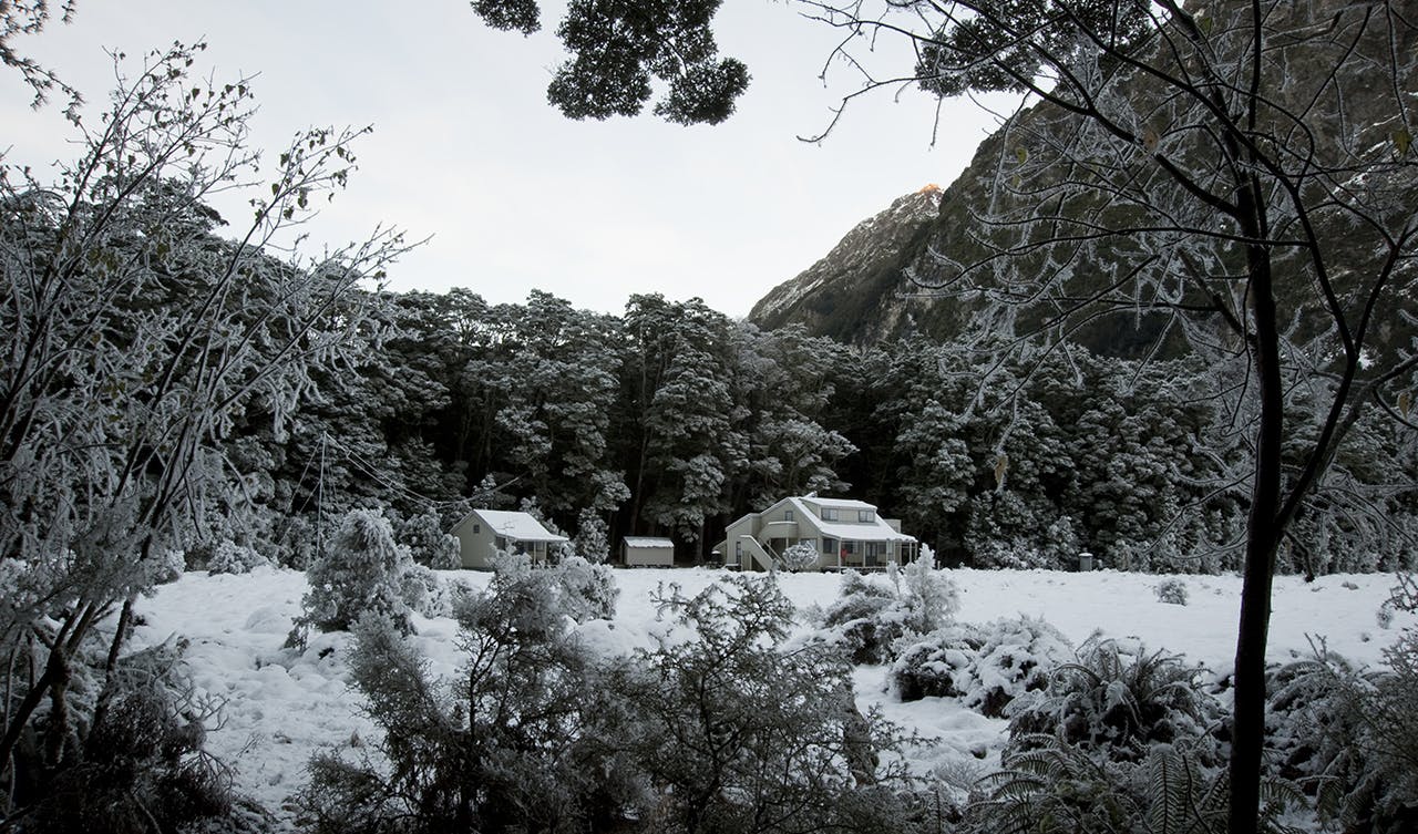 Hoar frost and snow at Iris Burn Hut. Photo: Shaun Barnett/Black Robin Photography