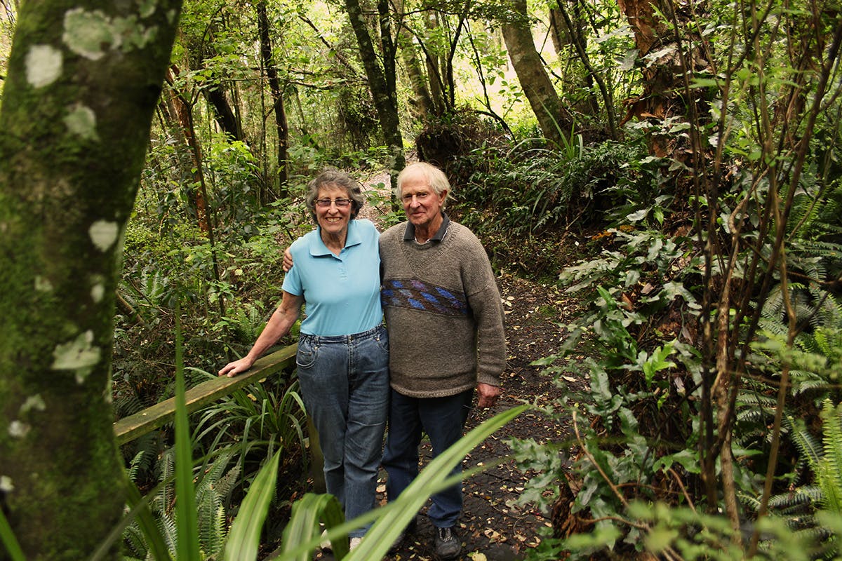 Brian and Jan O’Callaghan still enjoy multi-day tramps, but their favourite patch of bush is just up the road from their Kaka Point home. Photo: Edith Leigh
