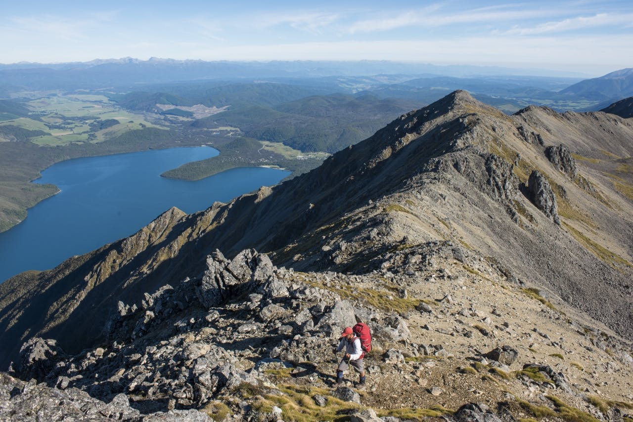 Climbing back onto the range top from the lakeside camp.