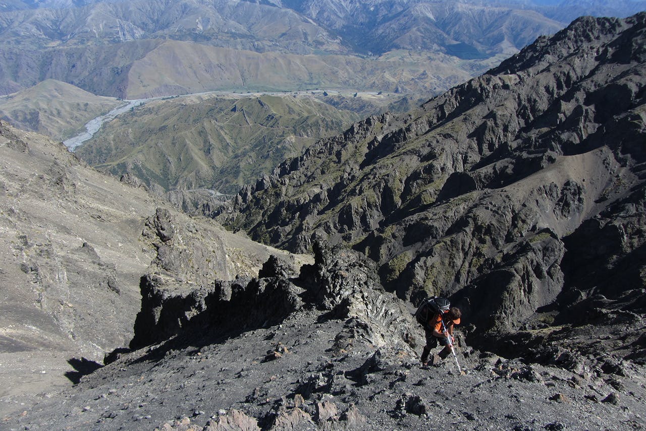 Climbing Mt Gladstone’s rocky ridges in the final days of the expedition. Photo: Andy Clifford