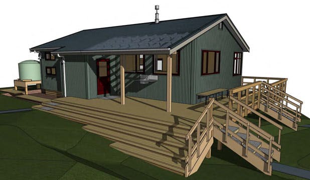An artist's impression of the soon to be completed Pahautea Hut. Photo: DOC
