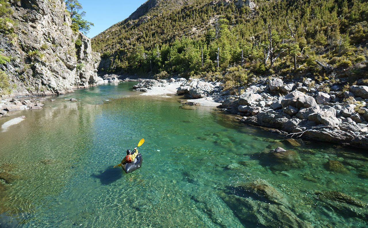 Packrafting a remote stretch of the Rangitikei River. Photo: Thor Tingey