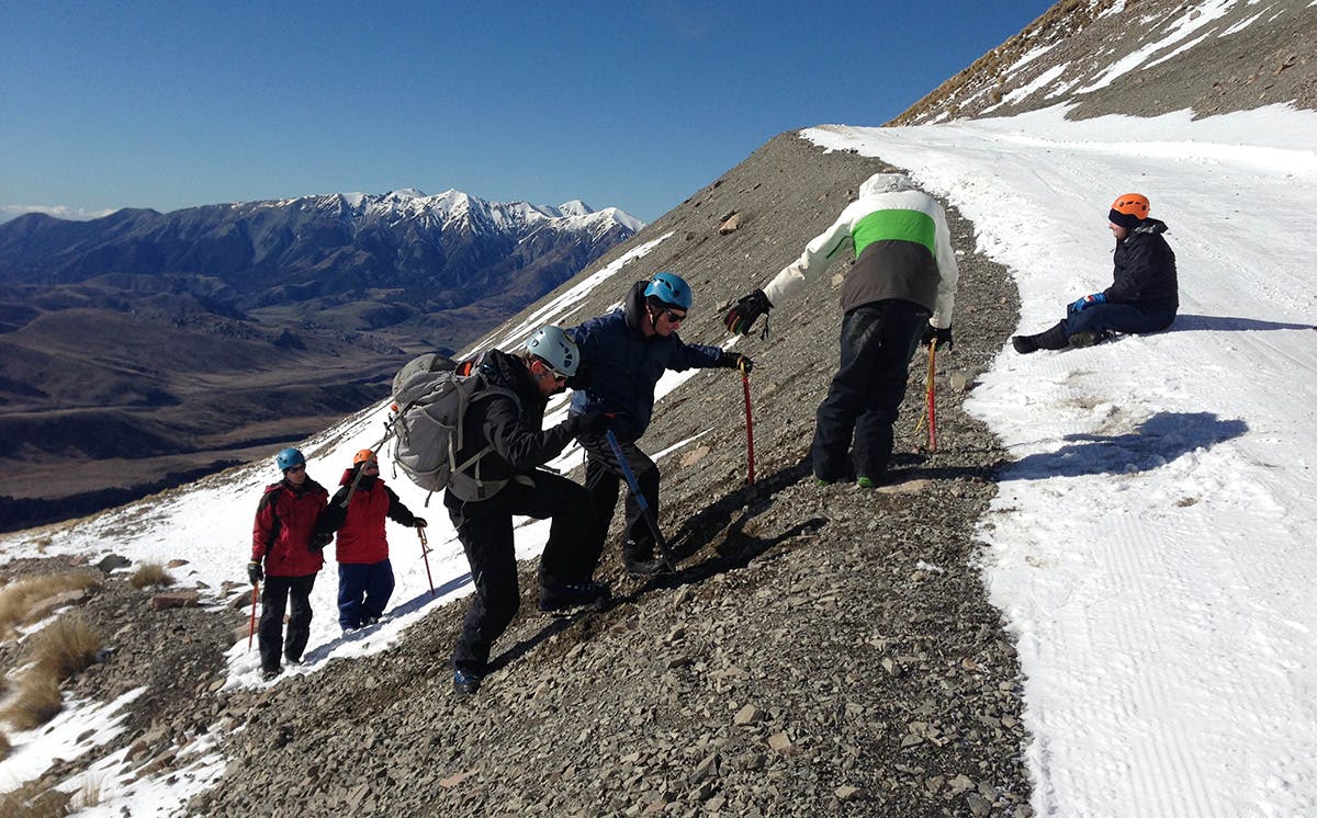 The group reaching the ridge on the slopes of Mt Cheeseman