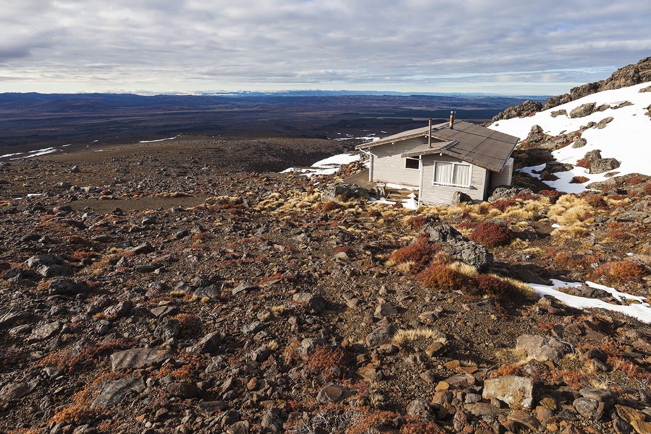 Rangipo Hut overlooks a desert landscape. Photo: Mark Watson