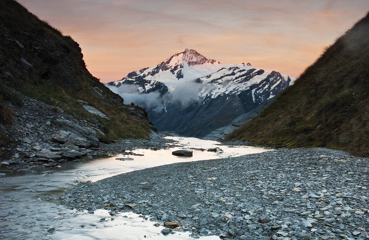Evening light on Mt Aspiring viewed from Heads Leap, Cascade Saddle