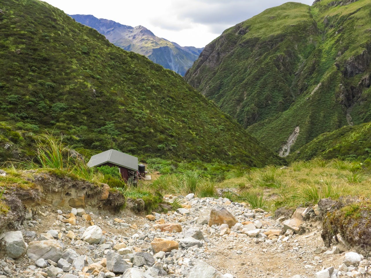 Goat Pass Hut with the Deception River below