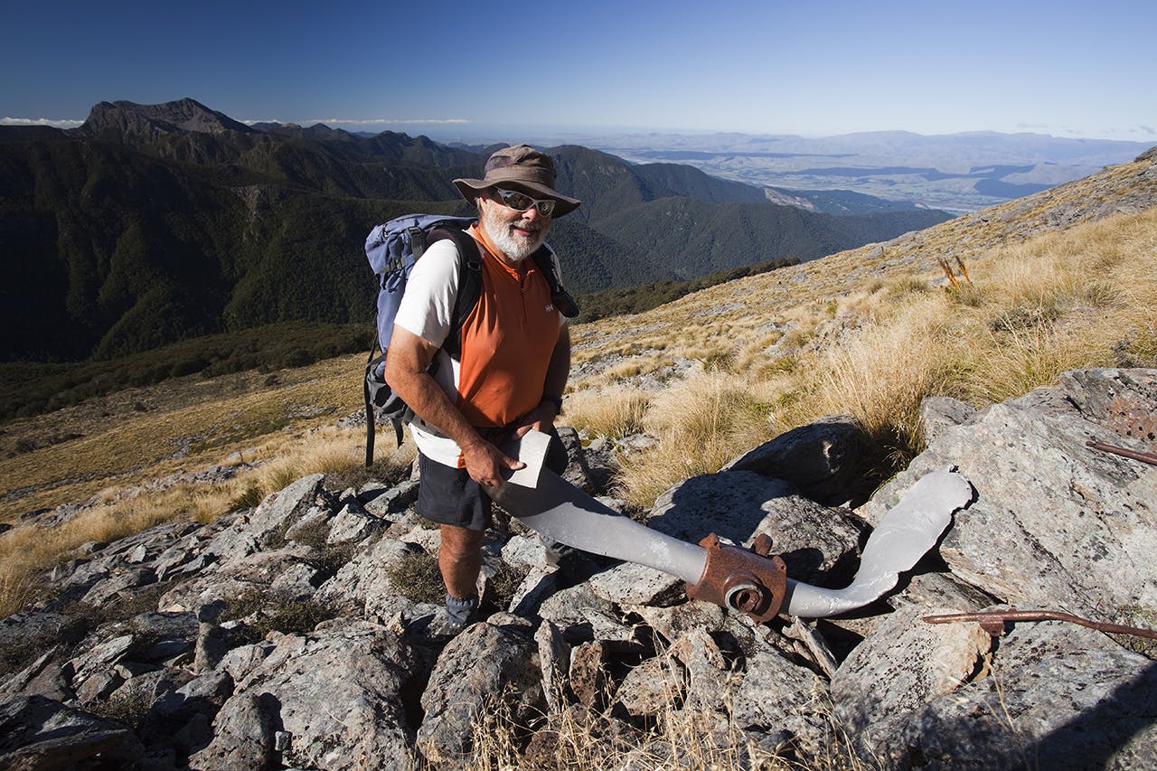 A mangled propellor form the Kereru, found on the flanks of Mt Johnston. Photo: Ray Salisbury