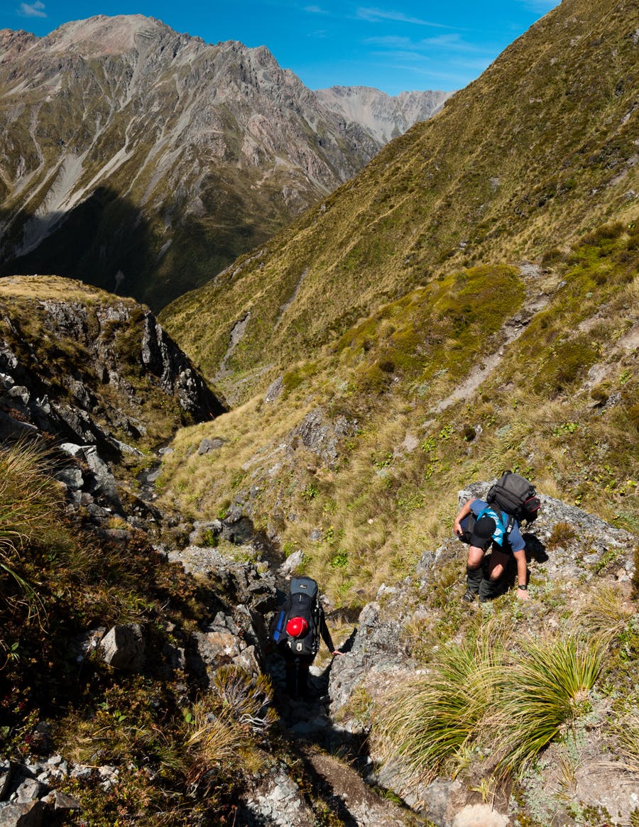 Descending the narrowing gorge to the East Branch of the Otehake from Tarn Col. Photo: Fraser Crichton