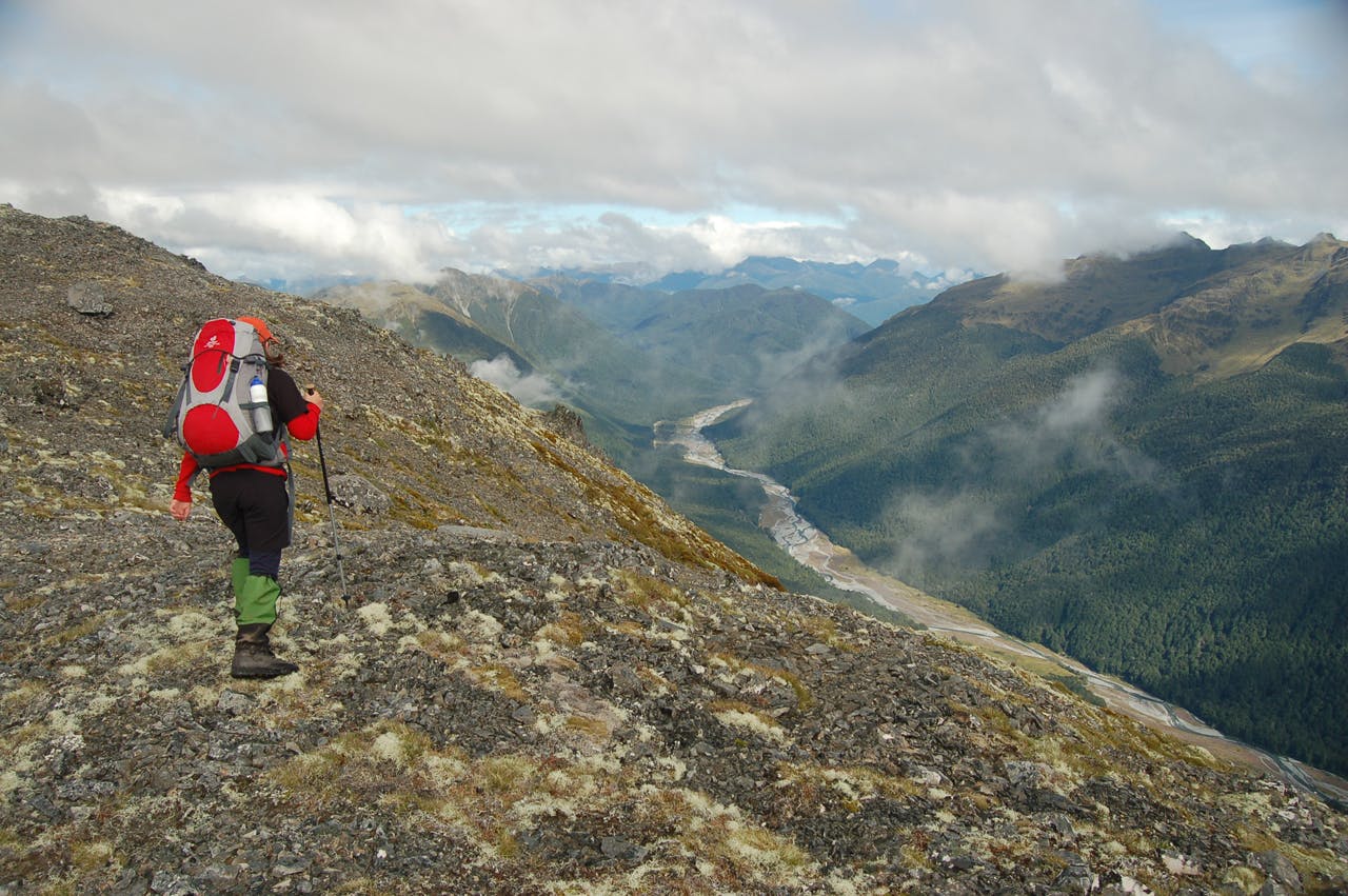 Easy ridge travel high above the Maruia valley. Photo: Jo Stilwell