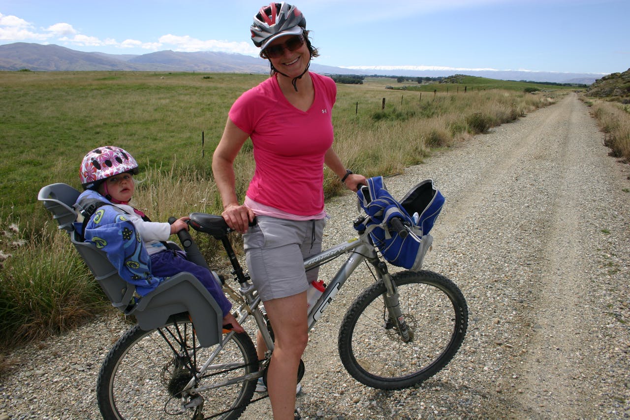 The author ready to ride with Anika on the back and a makeshift basket on the front