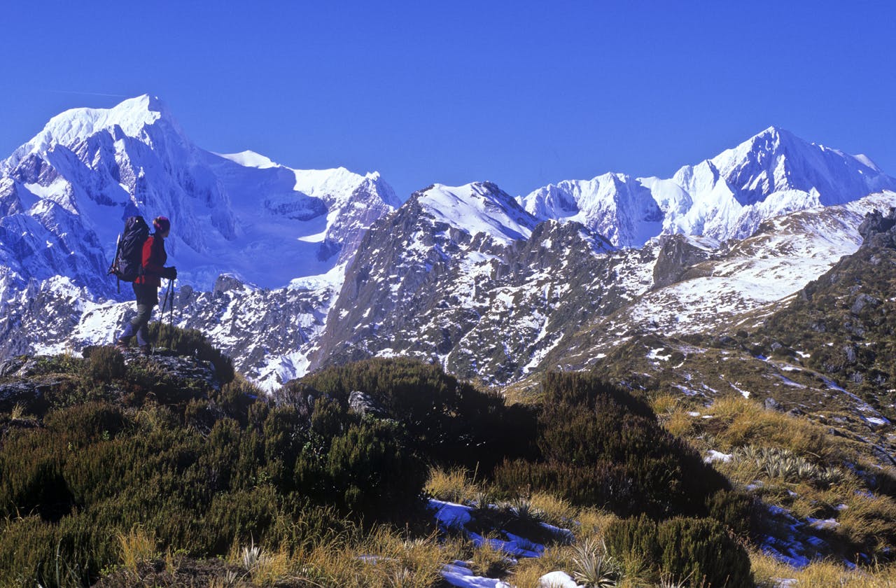Climbing Mt Fox with stunning views of Tasman and Aoraki/Mt Cook. Photo: Nick Groves