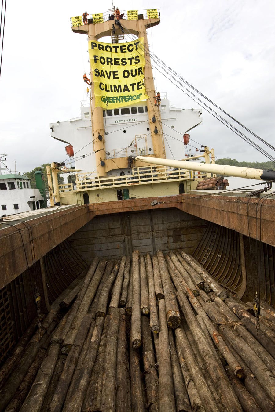 Greenpeace activists hang a banner reading 'Protect Forests Save Our Climate' from the Harbour Gemini ship and halt the loading of illegally logged trees from the rainforests of Papua New Guinea.