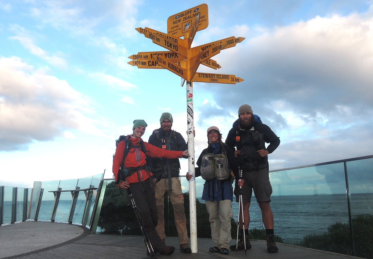 Evelyne, Per-Jonas, Marylene and Patrick celebrate arriving at Bluff – all felt walking the trail had changed them for the better. Photo: Marylene Coutret
