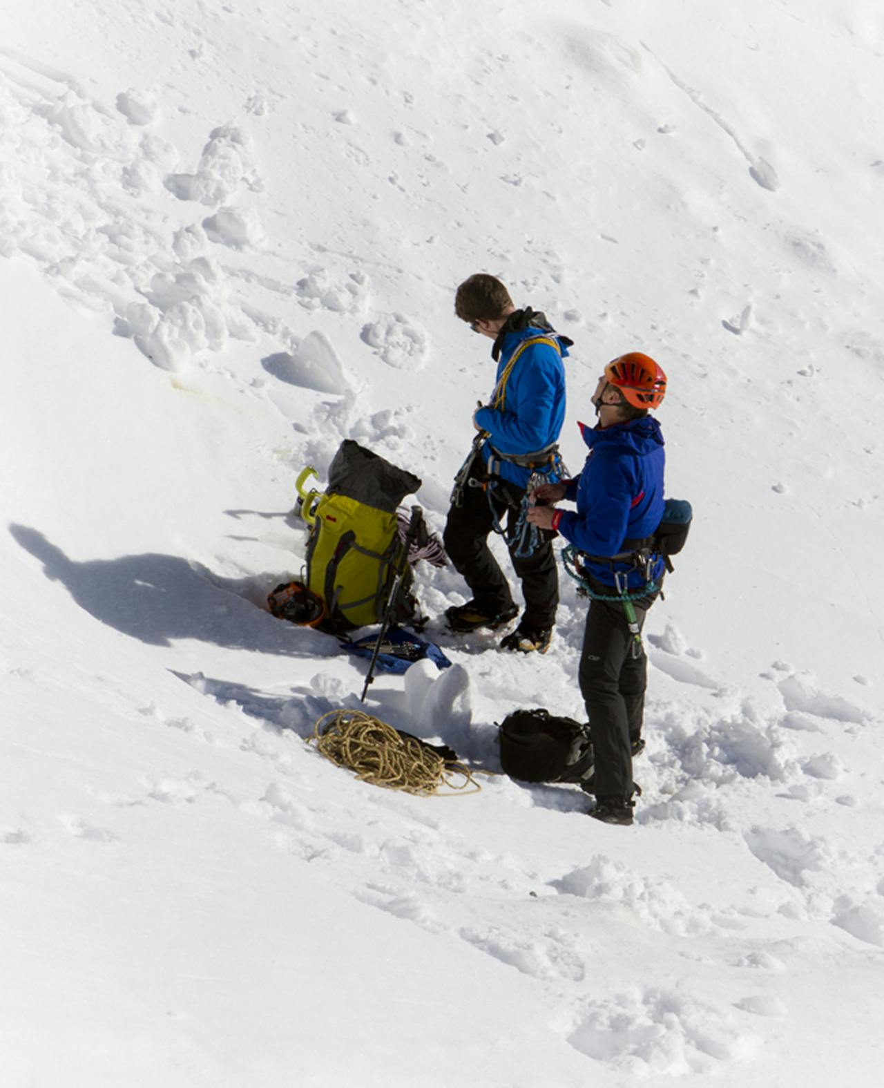 Jamie Vinton-Boot and Paul Hersey gear up at the base of Honey Badger. Photo: Paul Hersey