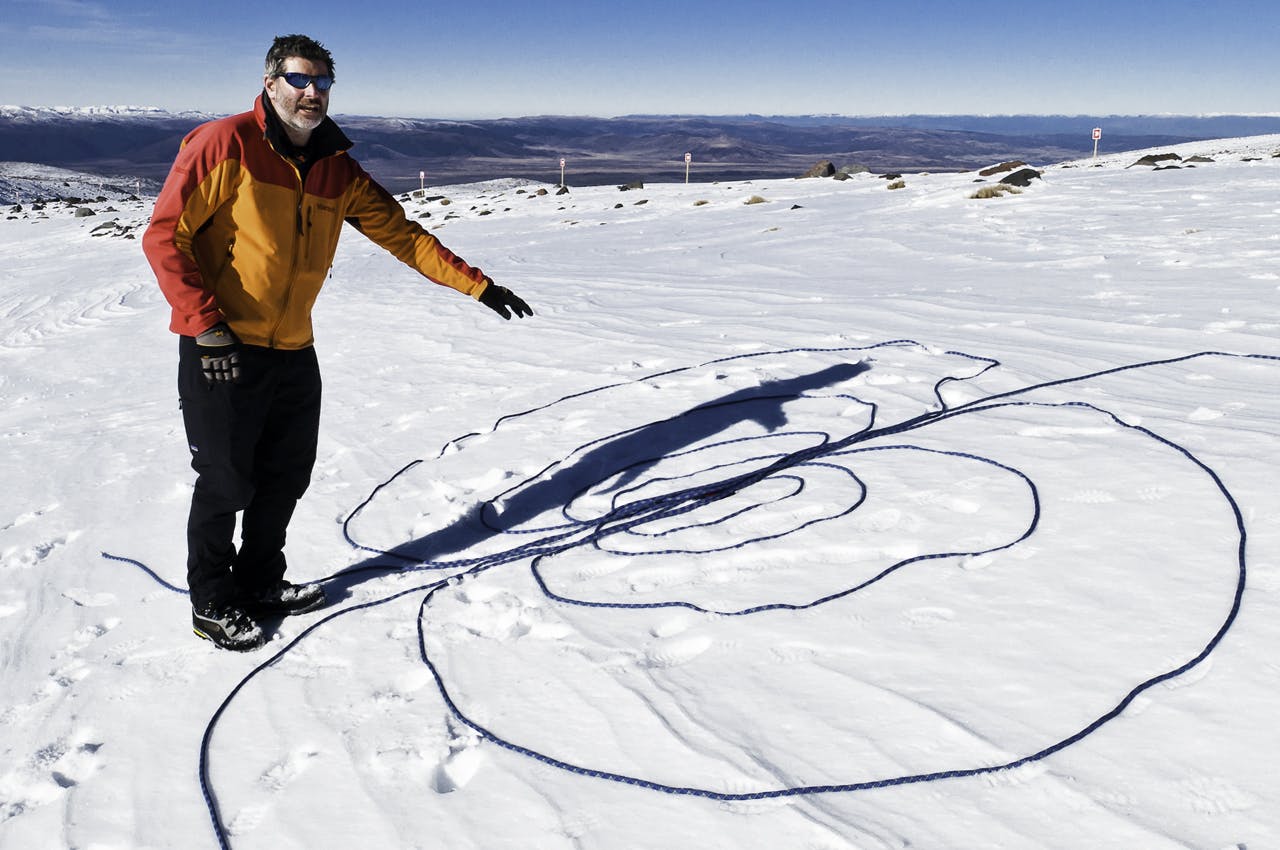 Professional instructor Matt Bennett explains how the radio waves of an avalanche transceiver work on a recent NZAC instructors weekend. Photo: Fraser Crichton