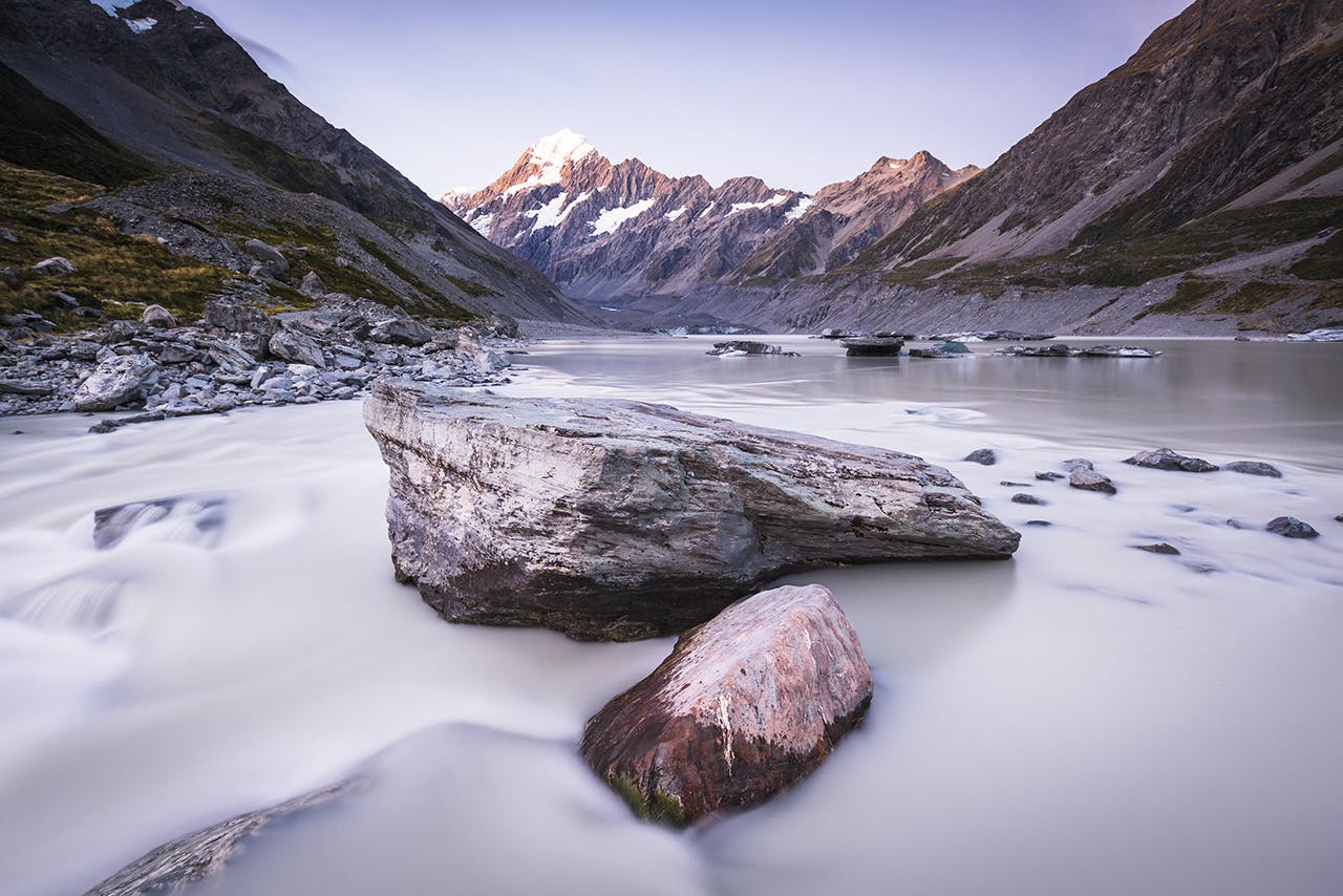 The Hooker Track leads trampers to this remarkable scene of New Zealand’s highest mountain. Photo: Mark Watson