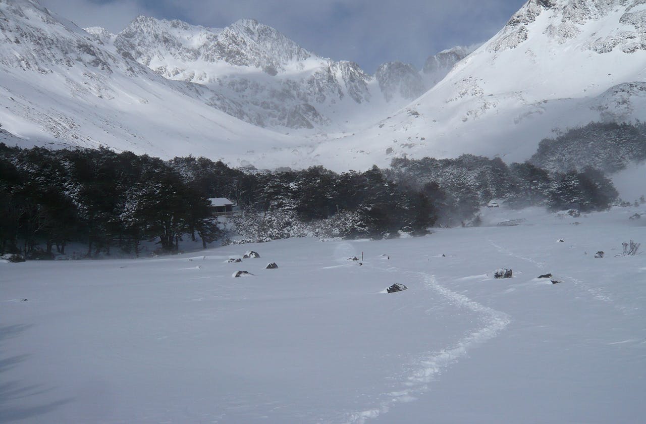 Heavy snow at Upper Travers Hut. Photo: Geoffrey Clark