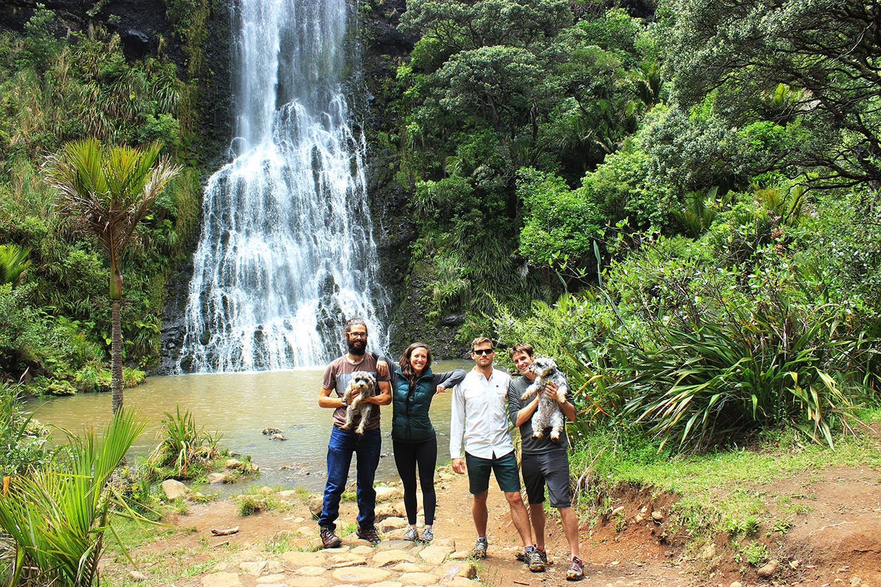 The team behind WayWiser, from left Colin, Brittany, Dan and George and Scout the dog. Photo: Supplied