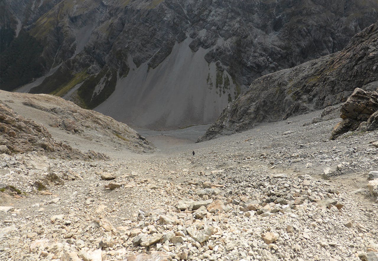 The scree slope giving access to the Crow Valley. Photo: Tania Seward