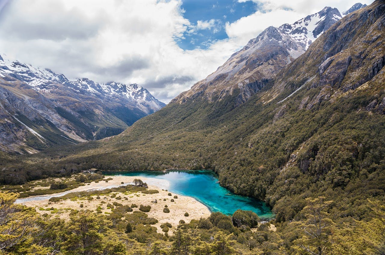 Pristine Blue Lake is one of the drawcords of the Travers-Sabine Circuit. Photo: David Hollis
