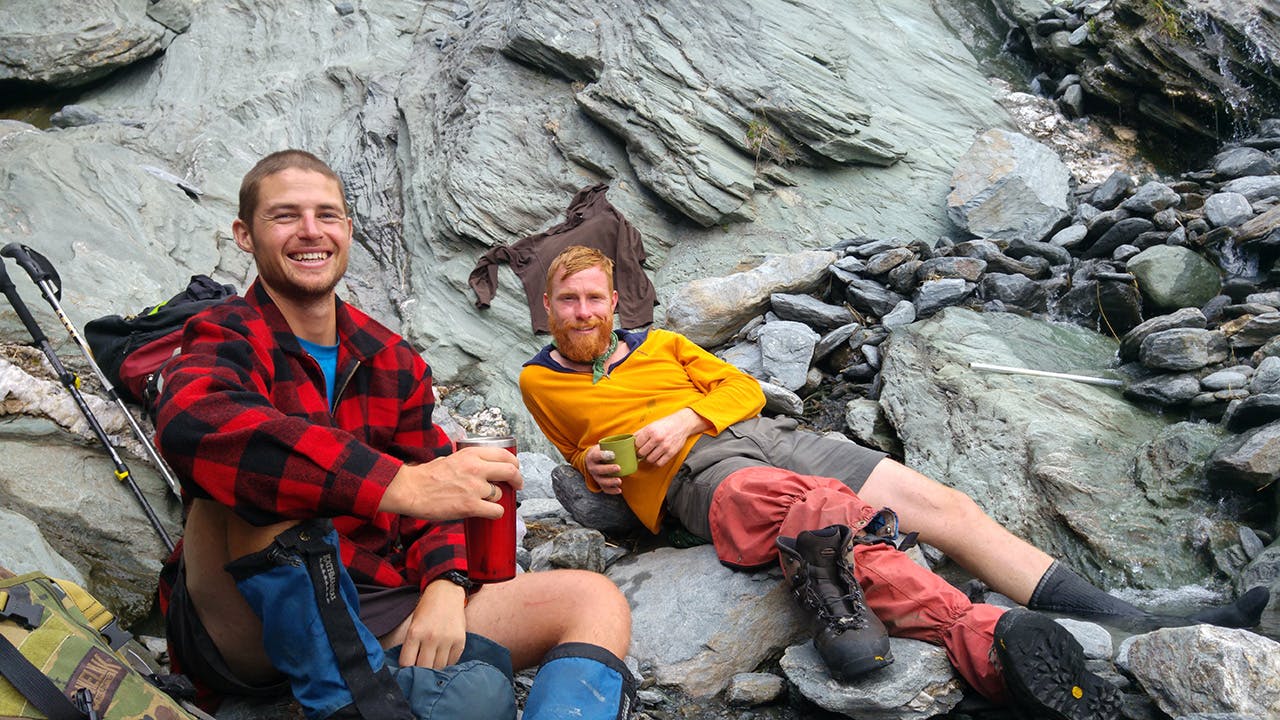 Waiting for help. Nick (left) was kept in good spirits until a helicopter arrived. Photo: Caroline Bellamy