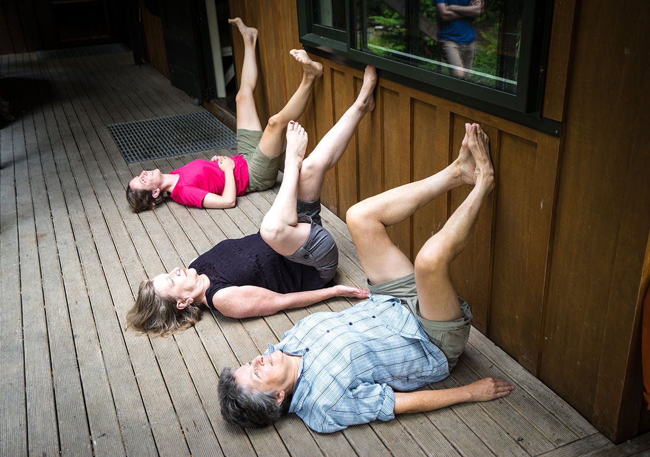 From front: Hip and groin stretch, hip and buttock stretch, and wide leg variation. Photo: Tony Gazley